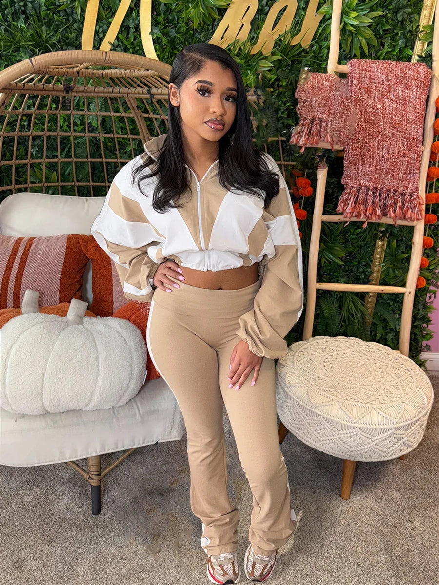 Two Piece Outfits Color Block Long Sleeve Zipper Jacket and Jogger Pants Tracksuit Streetwear