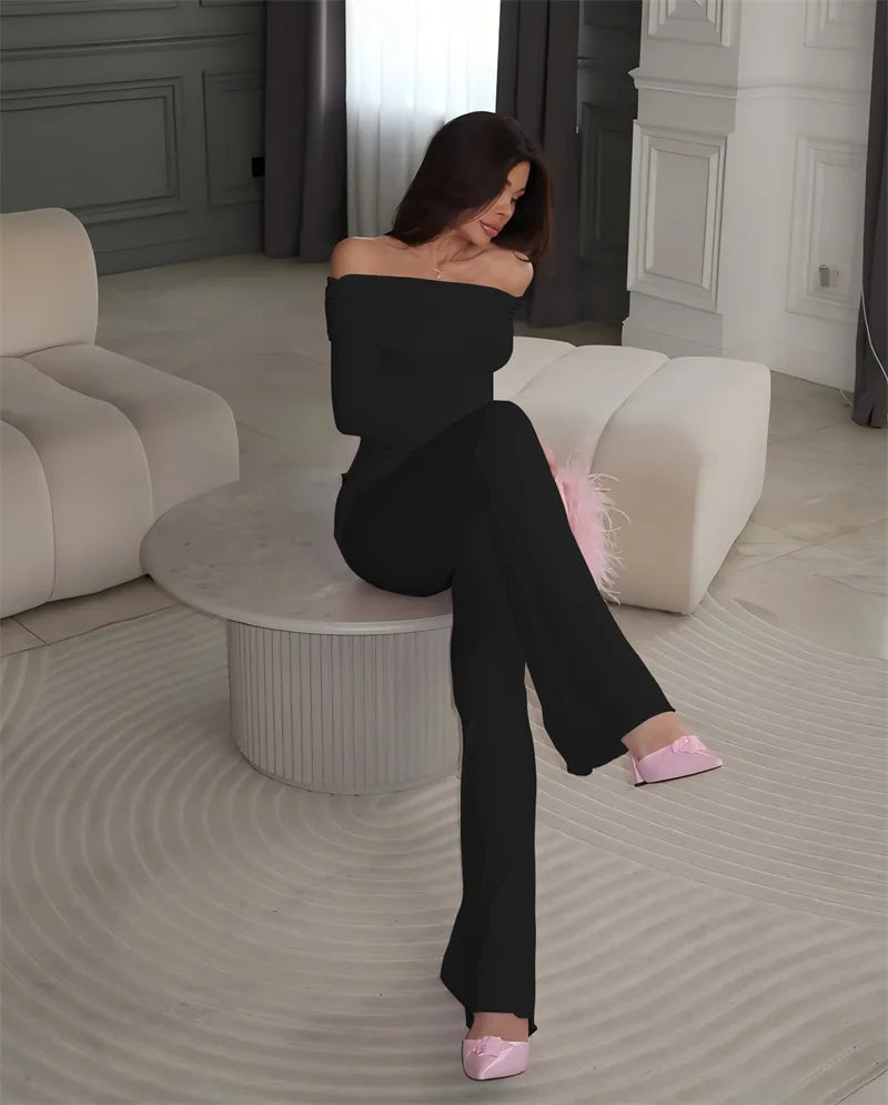 Two Pieces Sets Women Off-shoulder Long Sleeve T-shirt And Trouser Ruffle Ruched Long Pants Set