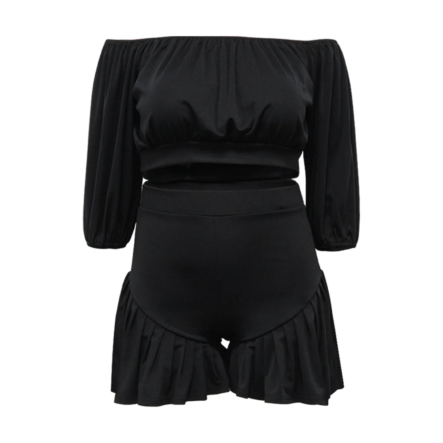Plus Size Long Sleeve Slash Neck T-Shirt and Shorts Ruched 2 Piece Set