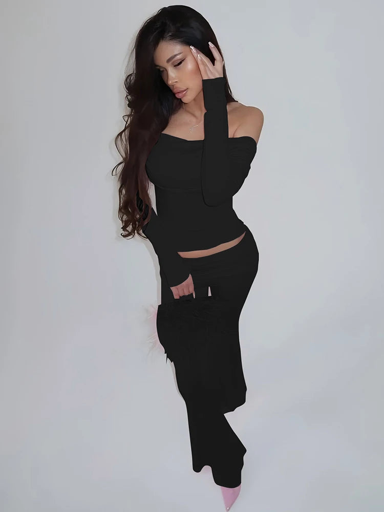 Two Pieces Sets Women Off-shoulder Long Sleeve T-shirt And Trouser Ruffle Ruched Long Pants Set