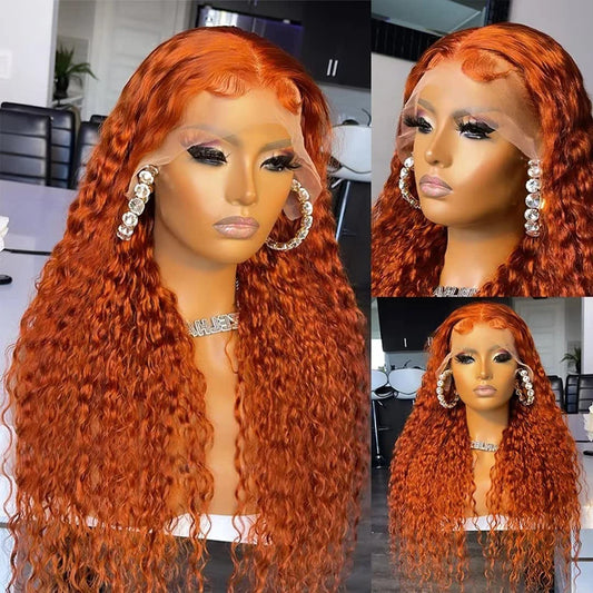 Orange Ginger Curly Lace Front Human Hair Wig Deep Wave 13X4 13X6 Hd Lace