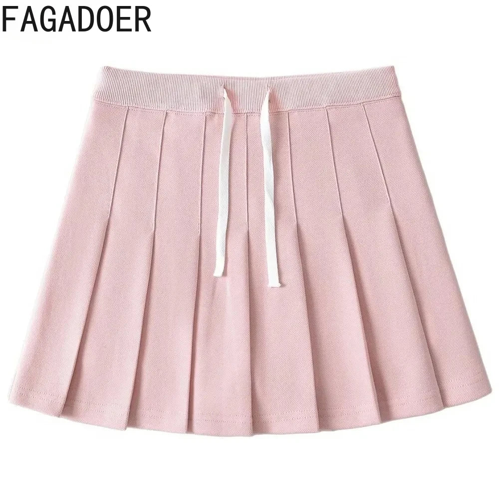 A-line Pleated Skirts Fashion Two Piece Sets, Letter V Neck Short Sleeve Loose Tshirt And Mini Skirt Outfits