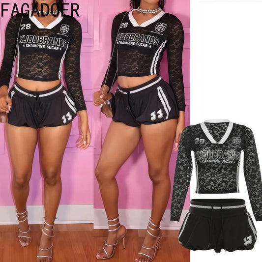 2 Piece Sets Women Outfit Lace See Though Patchwork Crop Top + Drawstring Skirts