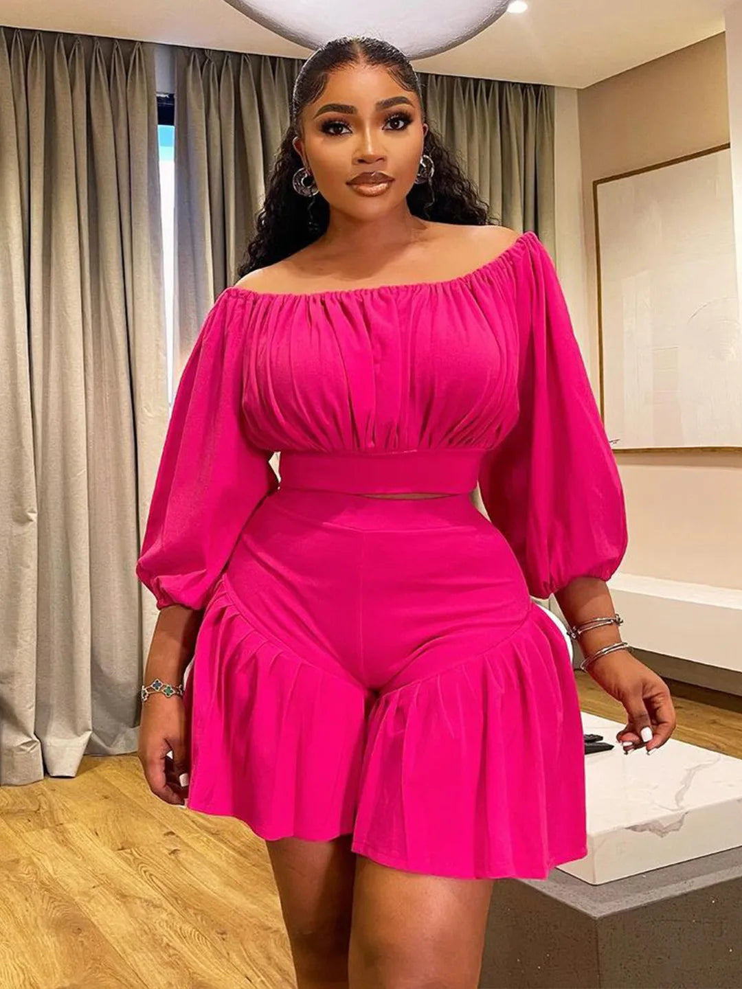 Plus Size Long Sleeve Slash Neck T-Shirt and Shorts Ruched 2 Piece Set