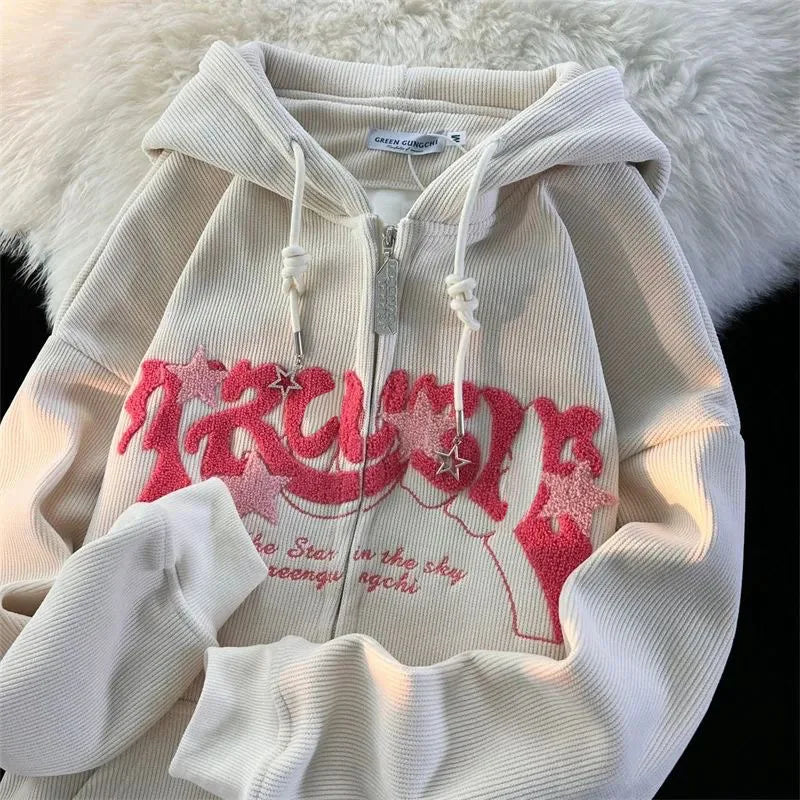 Embroidery Zip Up Hoodies Women Long Sleeve Tops Loose Hood Shirt Harajuku Y2K