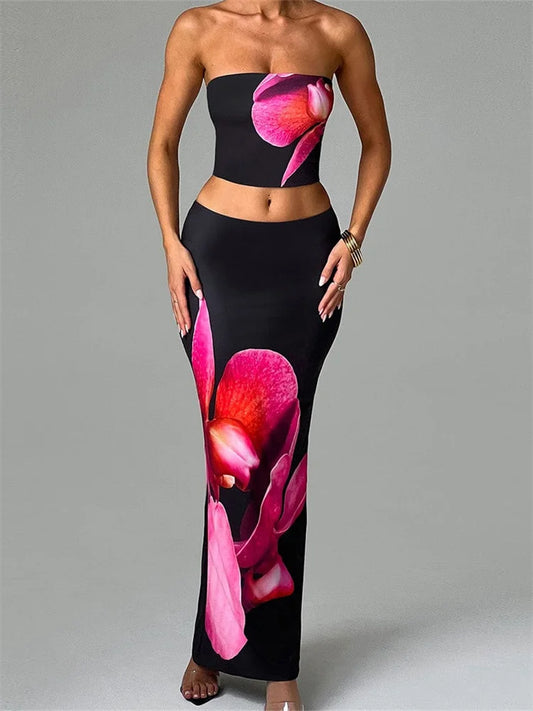 2 Pieces Outfits Floral Print Tube Tops and Elastic Waist Bodycon Long Skirt
