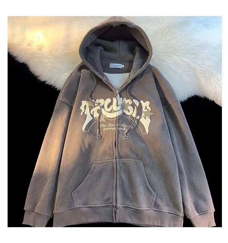 Embroidery Zip Up Hoodies Women Long Sleeve Tops Loose Hood Shirt Harajuku Y2K