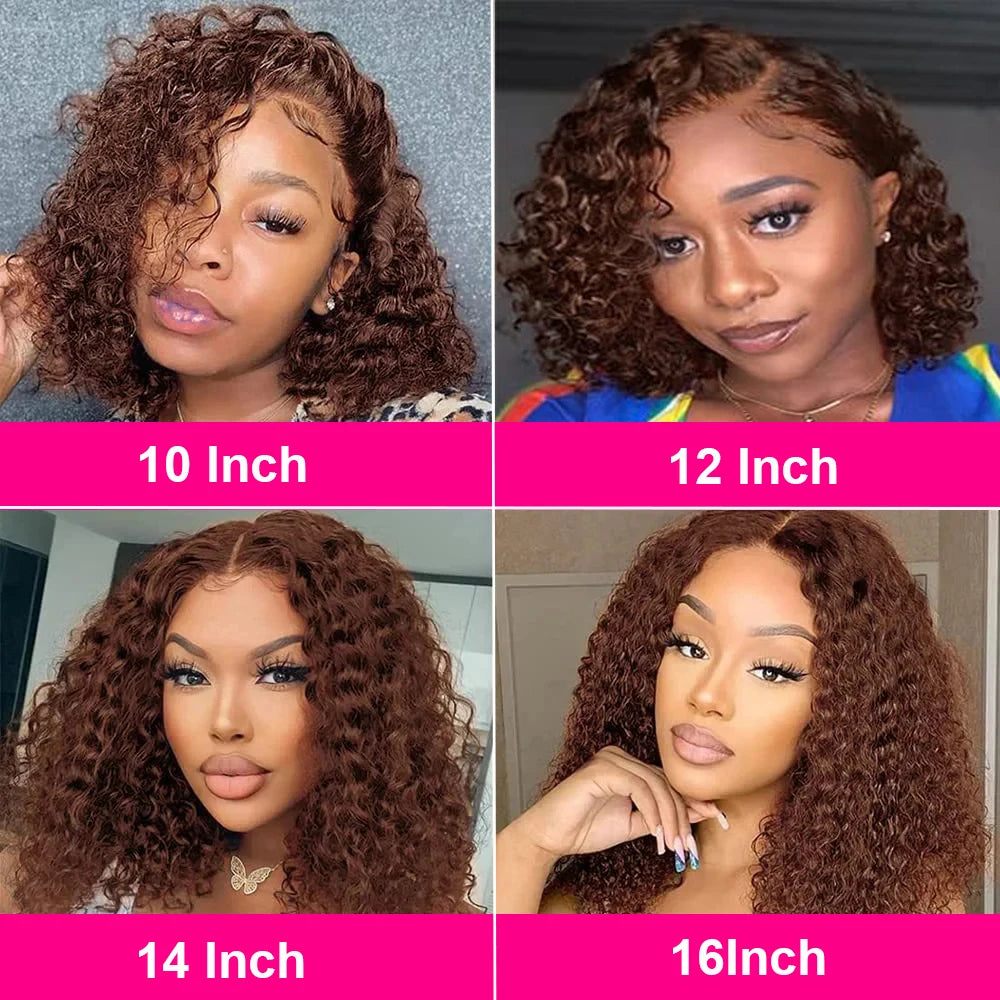 Brown kinky Curly Short Bob Wig Brazilian Water Deep Wave Human Hair Preplucked Short Pixie