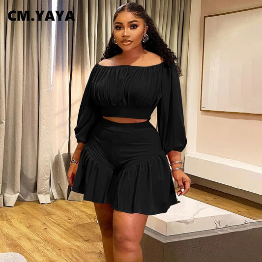 Plus Size Long Sleeve Slash Neck T-Shirt and Shorts Ruched 2 Piece Set