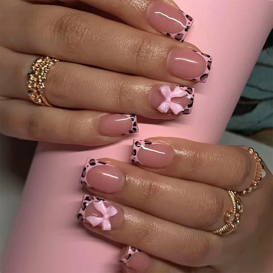 24Pcs Pink French Style Fake Nails 3D Bow  Designs Short Square Press on Nails