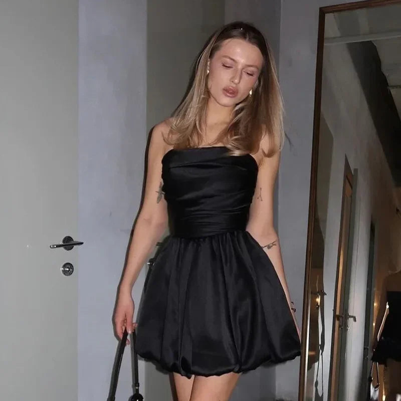 Sexy Bandeau Mini Dress Women Off Shoulder Sleeveless Pleated High Waist Elegant Dress