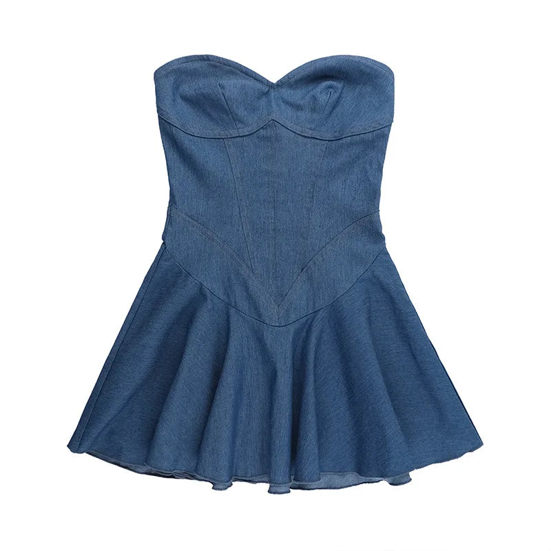 Blue Denim Dress Strapless Pleated Mini Dresses