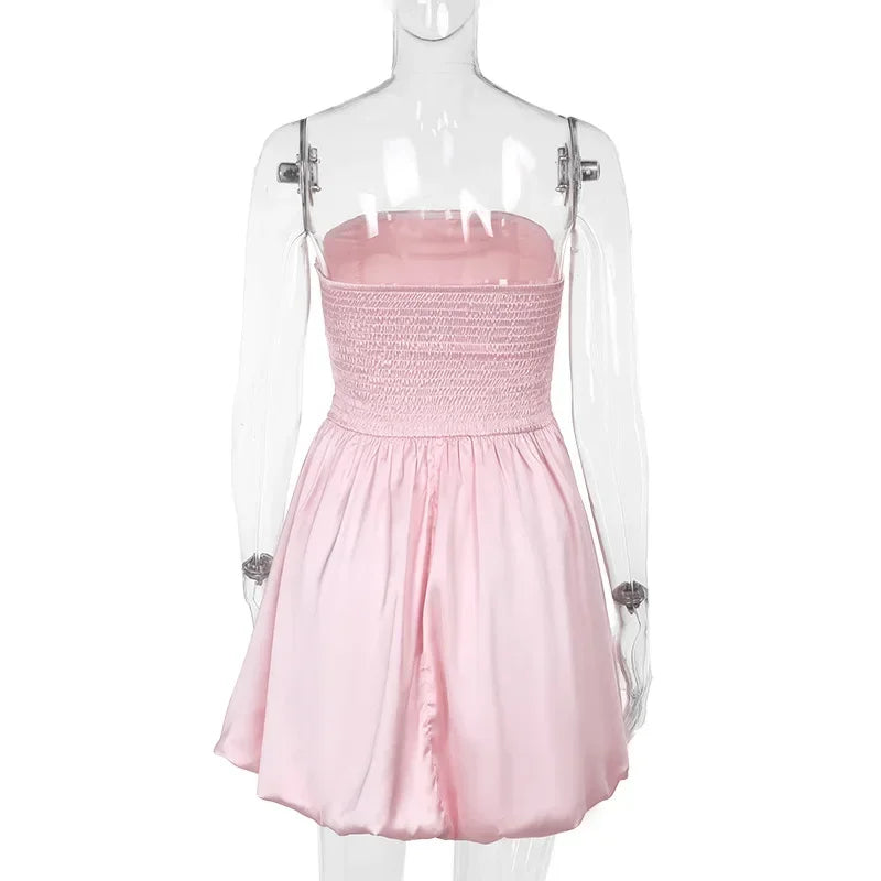 Sexy Bandeau Mini Dress Women Off Shoulder Sleeveless Pleated High Waist Elegant Dress