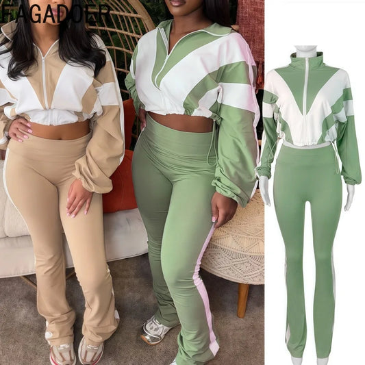 Two Piece Outfits Color Block Long Sleeve Zipper Jacket and Jogger Pants Tracksuit Streetwear