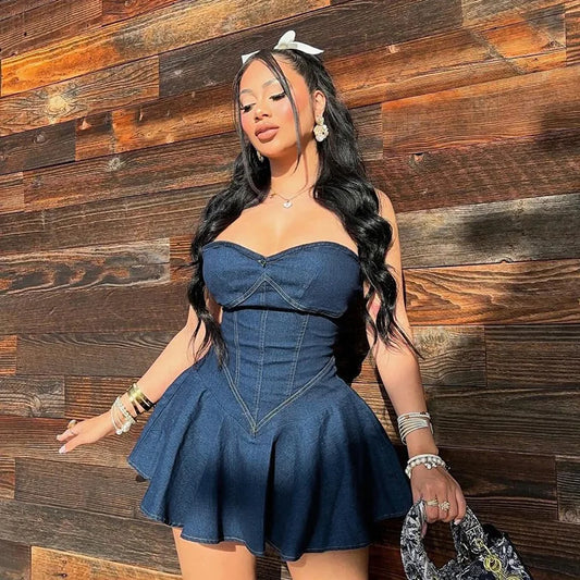 Blue Denim Dress Strapless Pleated Mini Dresses