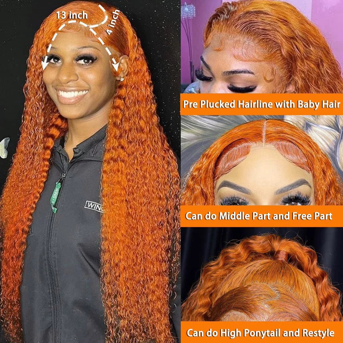 Orange Ginger Curly Lace Front Human Hair Wig Deep Wave 13X4 13X6 Hd Lace