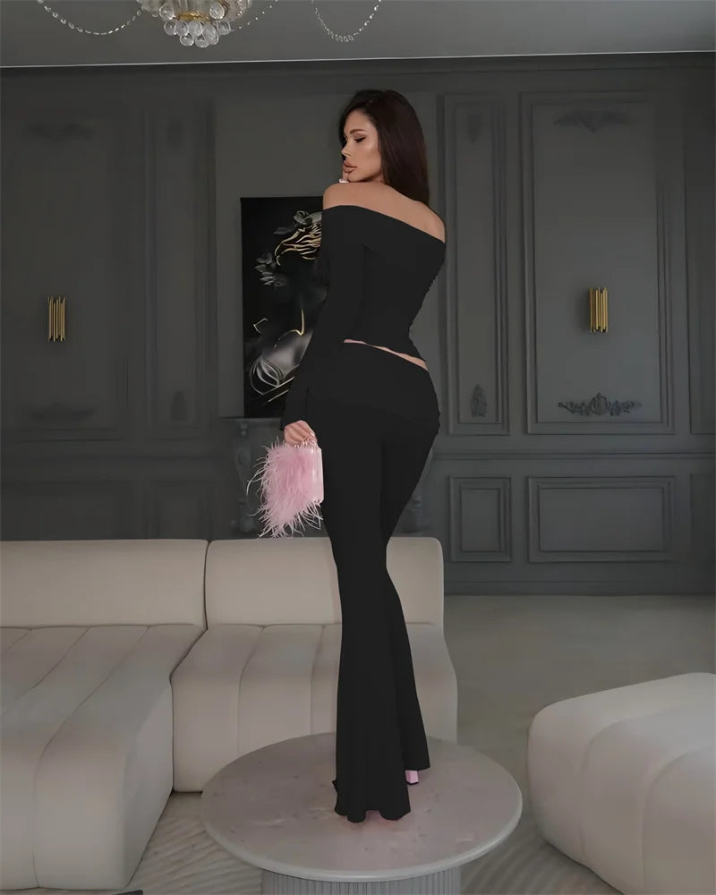 Two Pieces Sets Women Off-shoulder Long Sleeve T-shirt And Trouser Ruffle Ruched Long Pants Set