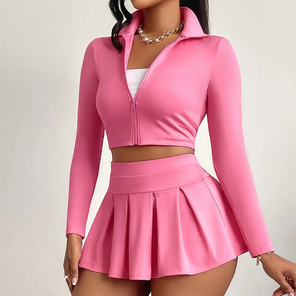 Pink Sport Women Set Long Sleeves Zip Short Jacket Top + Pleated Mini Skirt