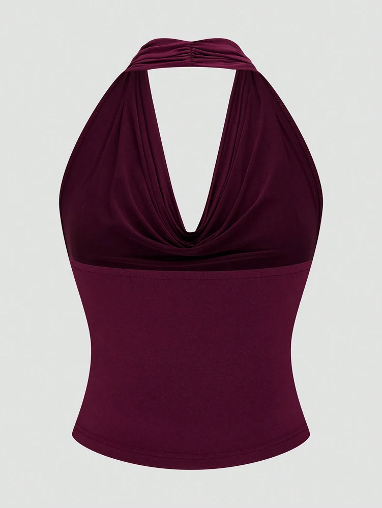 Plus Size Burgundy Sexy Romantic Urban Woman Sleeveless Neck Swing Neck Top + Split Half Skirt Long Skirt Two Piece Set