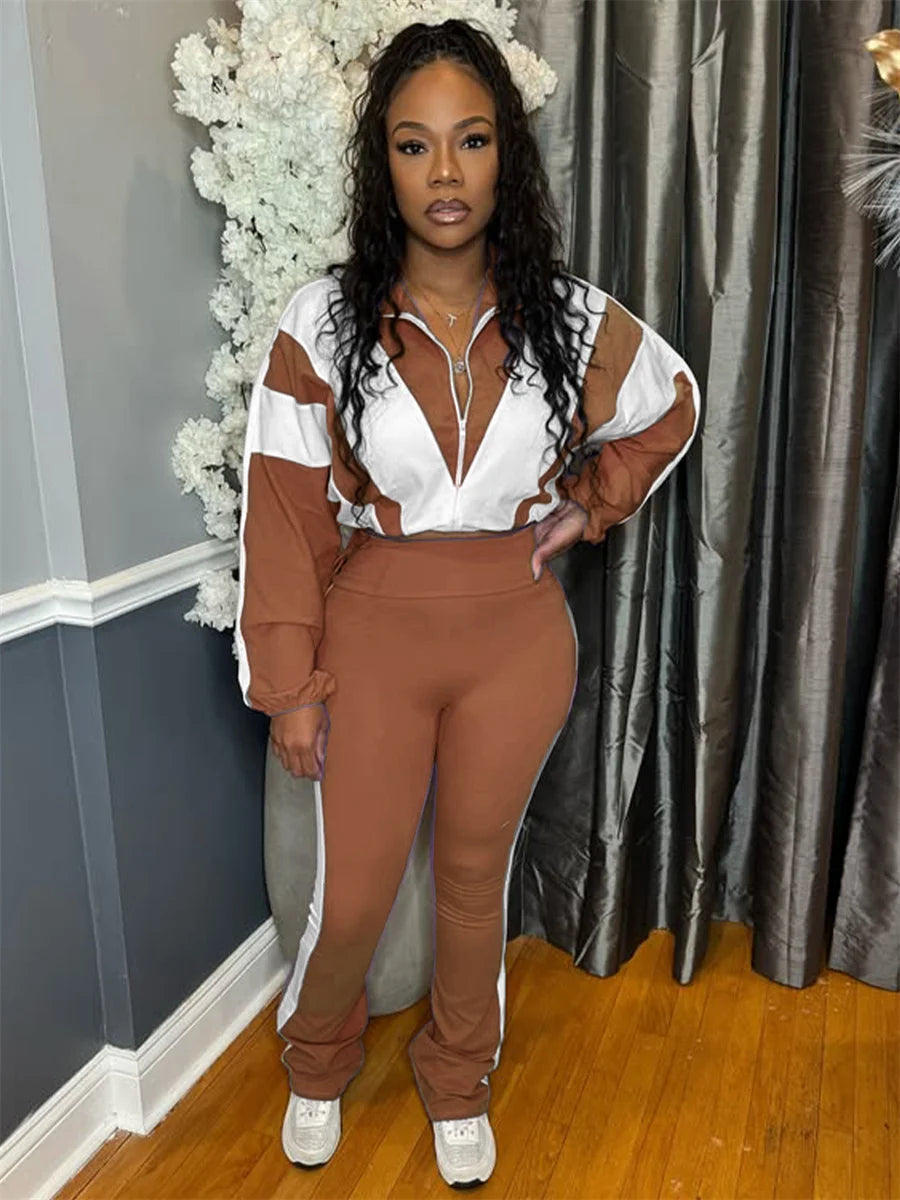 Two Piece Outfits Color Block Long Sleeve Zipper Jacket and Jogger Pants Tracksuit Streetwear