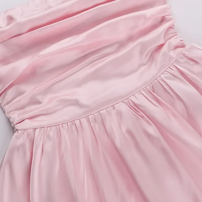 Sexy Bandeau Mini Dress Women Off Shoulder Sleeveless Pleated High Waist Elegant Dress