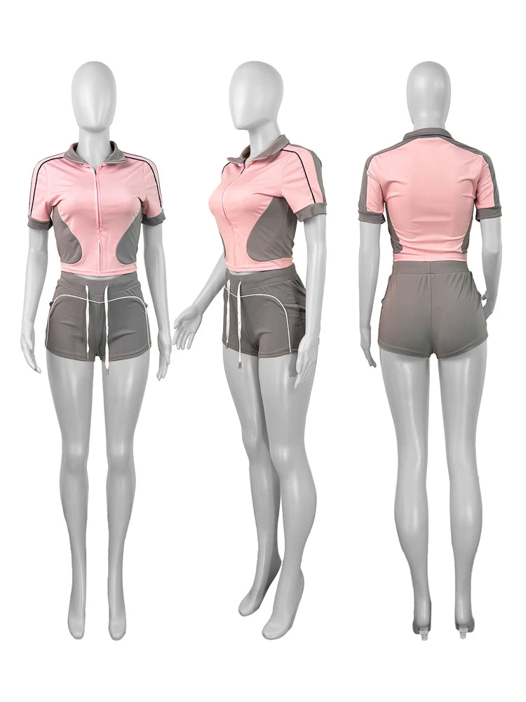 Panelled Two Tone Slim Sports Short Sleeve Shorts Suits Zip Crop Tops Casual 2 Two Piece Set