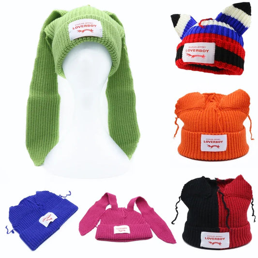 Hooded Lover Boy Knit Double-layer Fox Ear Hat Hip-hop Y2k