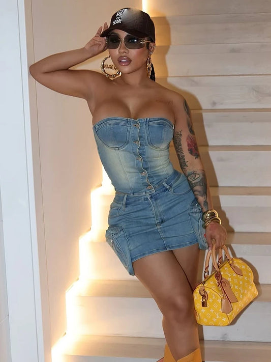 Denim Y2K Women 2 Piece Set Strapless Tops+Hip Skirt