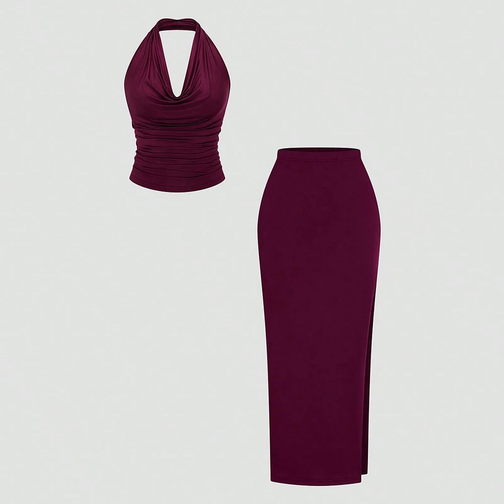Plus Size Burgundy Sexy Romantic Urban Woman Sleeveless Neck Swing Neck Top + Split Half Skirt Long Skirt Two Piece Set