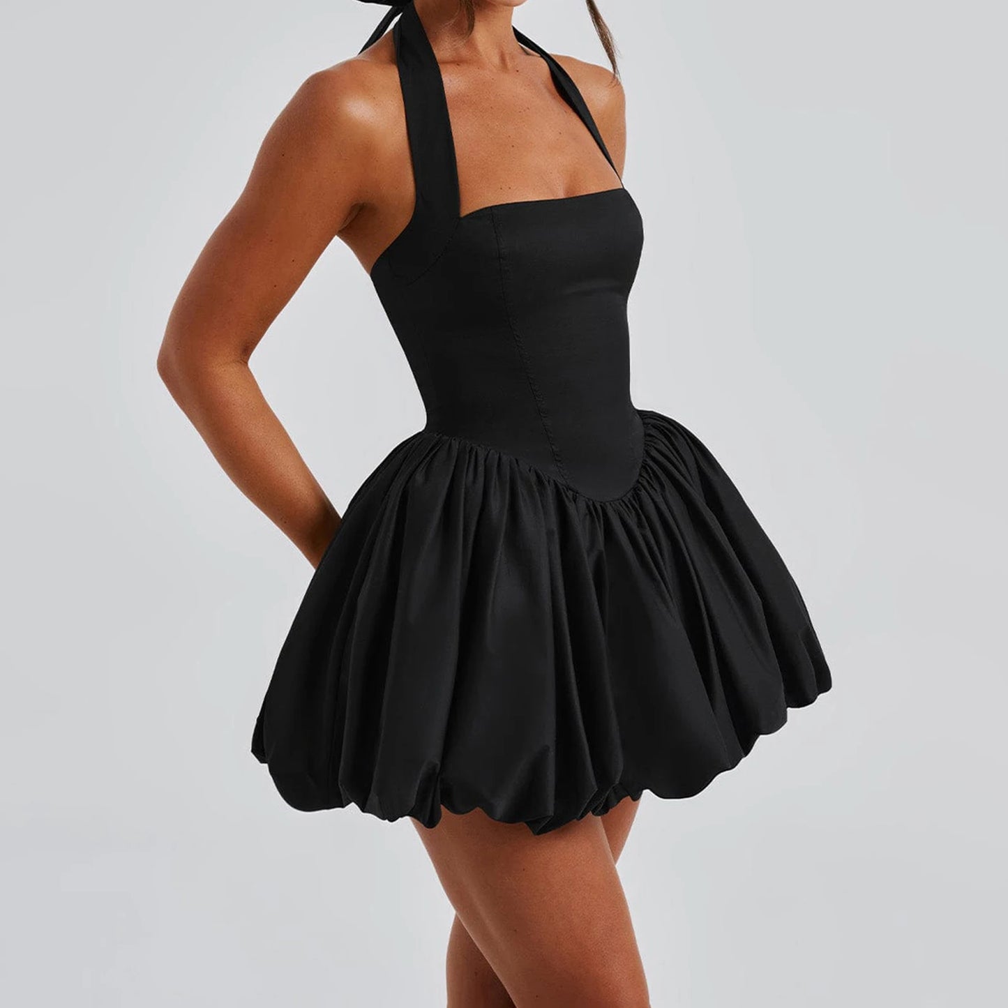 Women Bubble Halter Mini Dress Elegant  Tie up Backless Corset