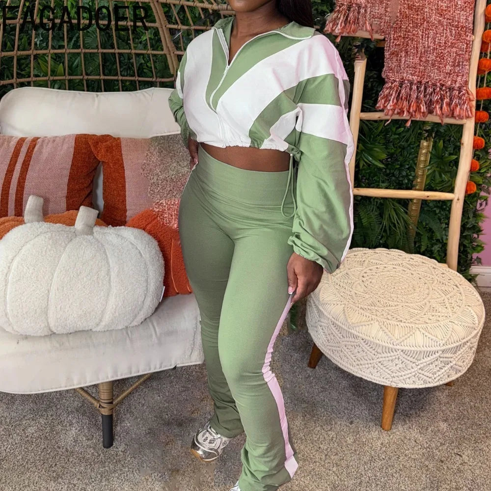 Two Piece Outfits Color Block Long Sleeve Zipper Jacket and Jogger Pants Tracksuit Streetwear