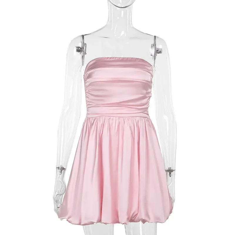 Sexy Bandeau Mini Dress Women Off Shoulder Sleeveless Pleated High Waist Elegant Dress