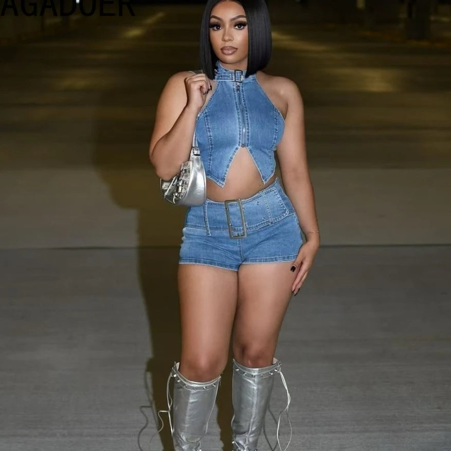 Y2K Sexy Denim 2 Piece Sets, Sleeveless Backless Halter Crop Top and Shorts Suit streetwear
