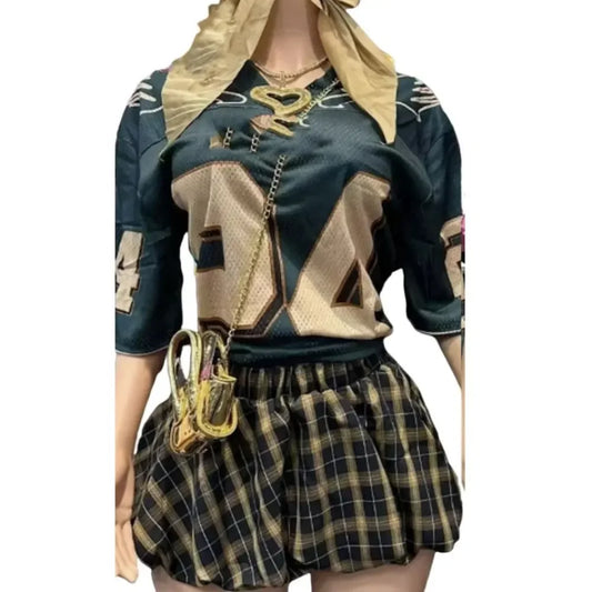 A-line Pleated Skirts Fashion Two Piece Sets, Letter V Neck Short Sleeve Loose Tshirt And Mini Skirt Outfits