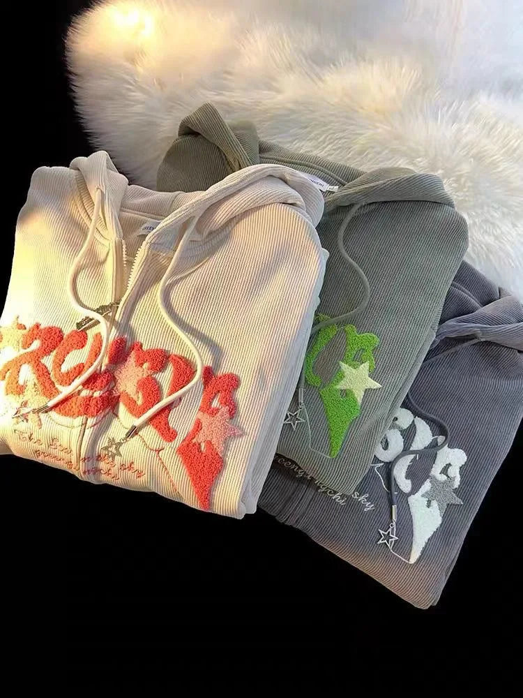 Embroidery Zip Up Hoodies Women Long Sleeve Tops Loose Hood Shirt Harajuku Y2K