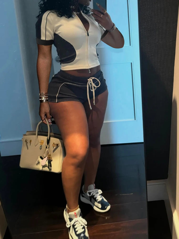 Panelled Two Tone Slim Sports Short Sleeve Shorts Suits Zip Crop Tops Casual 2 Two Piece Set