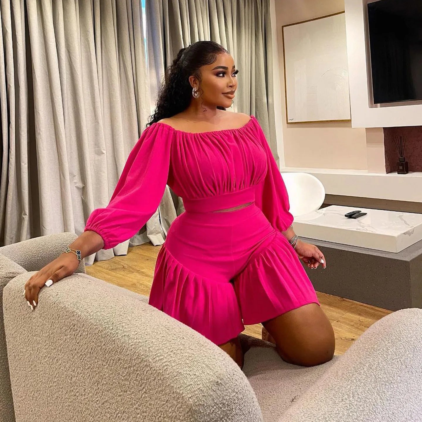 Plus Size Long Sleeve Slash Neck T-Shirt and Shorts Ruched 2 Piece Set