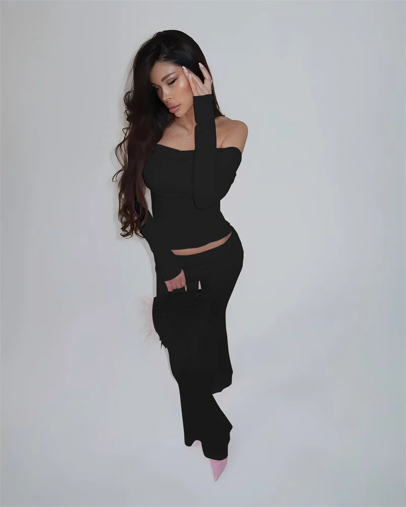 Two Pieces Sets Women Off-shoulder Long Sleeve T-shirt And Trouser Ruffle Ruched Long Pants Set