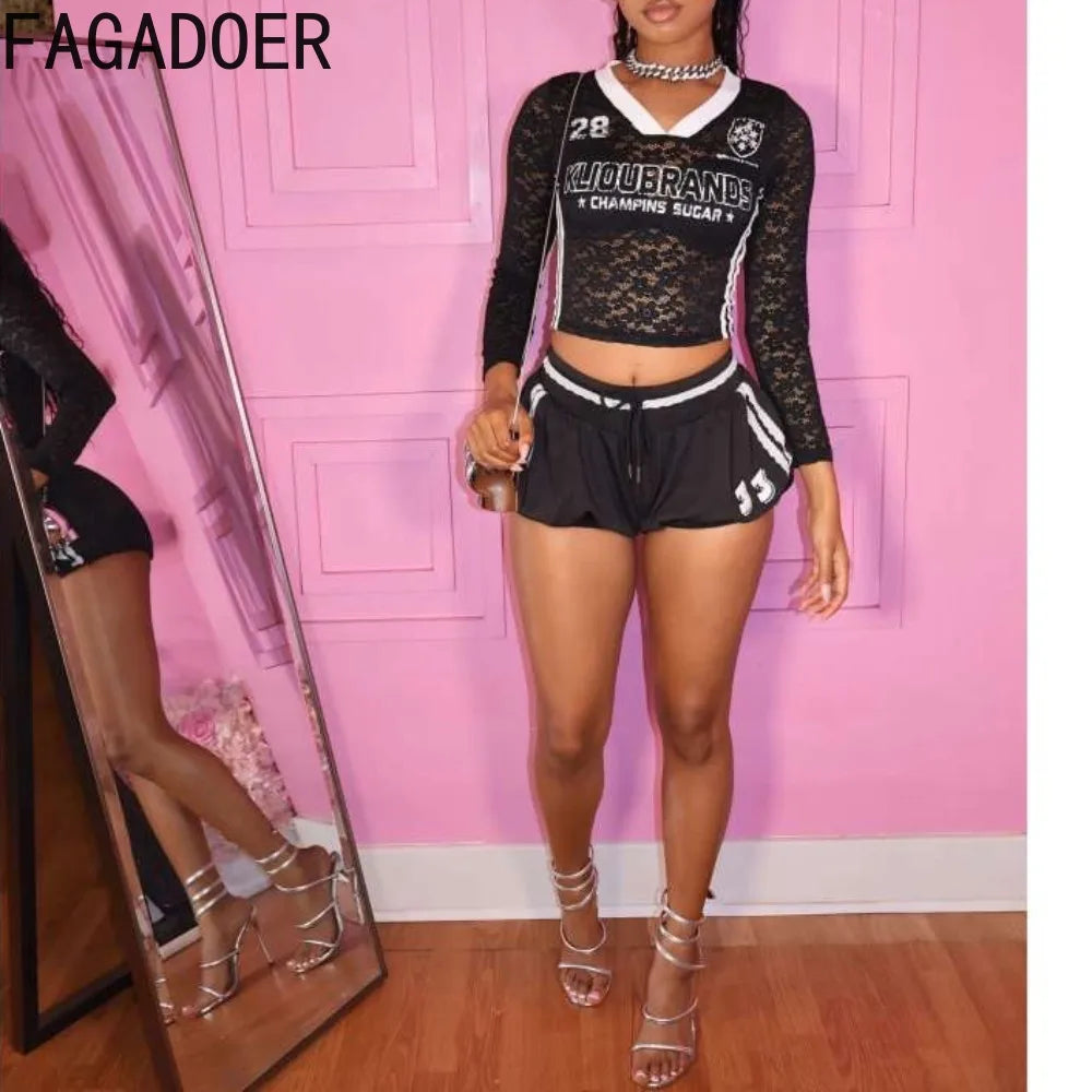 2 Piece Sets Women Outfit Lace See Though Patchwork Crop Top + Drawstring Skirts