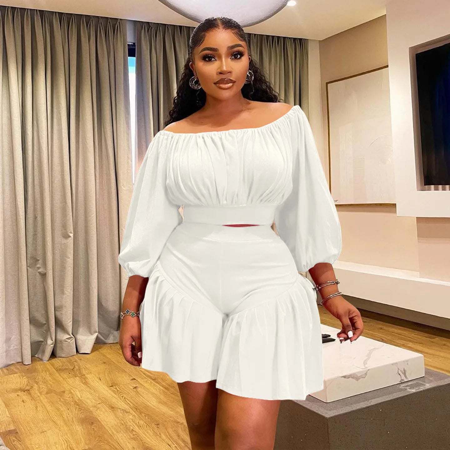 Plus Size Long Sleeve Slash Neck T-Shirt and Shorts Ruched 2 Piece Set