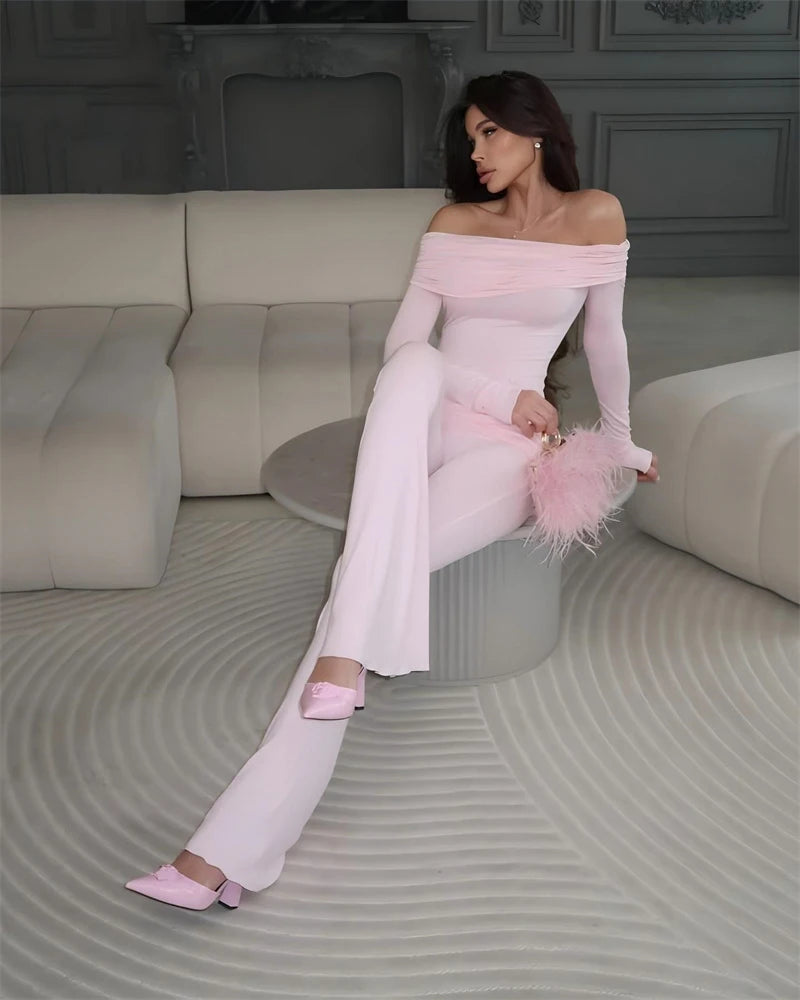 Two Pieces Sets Women Off-shoulder Long Sleeve T-shirt And Trouser Ruffle Ruched Long Pants Set
