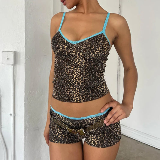 90s Rave Leopard Print 2 Piece Set Lace Trim Spaghetti Strap Camis + Shorts Y2K