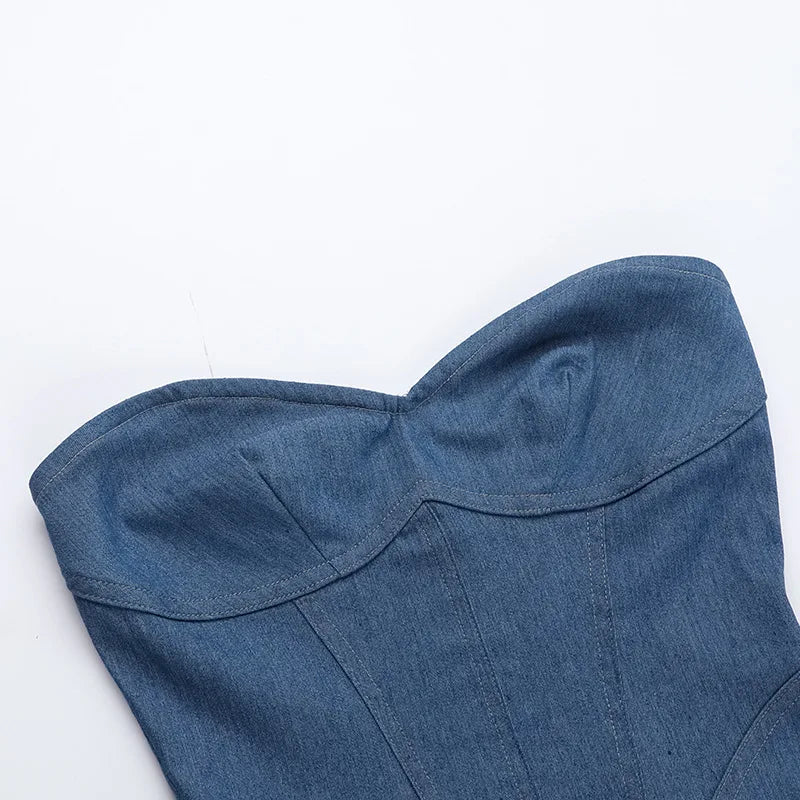 Blue Denim Dress Strapless Pleated Mini Dresses