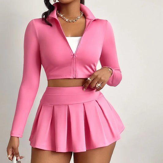 Pink Sport Women Set Long Sleeves Zip Short Jacket Top + Pleated Mini Skirt