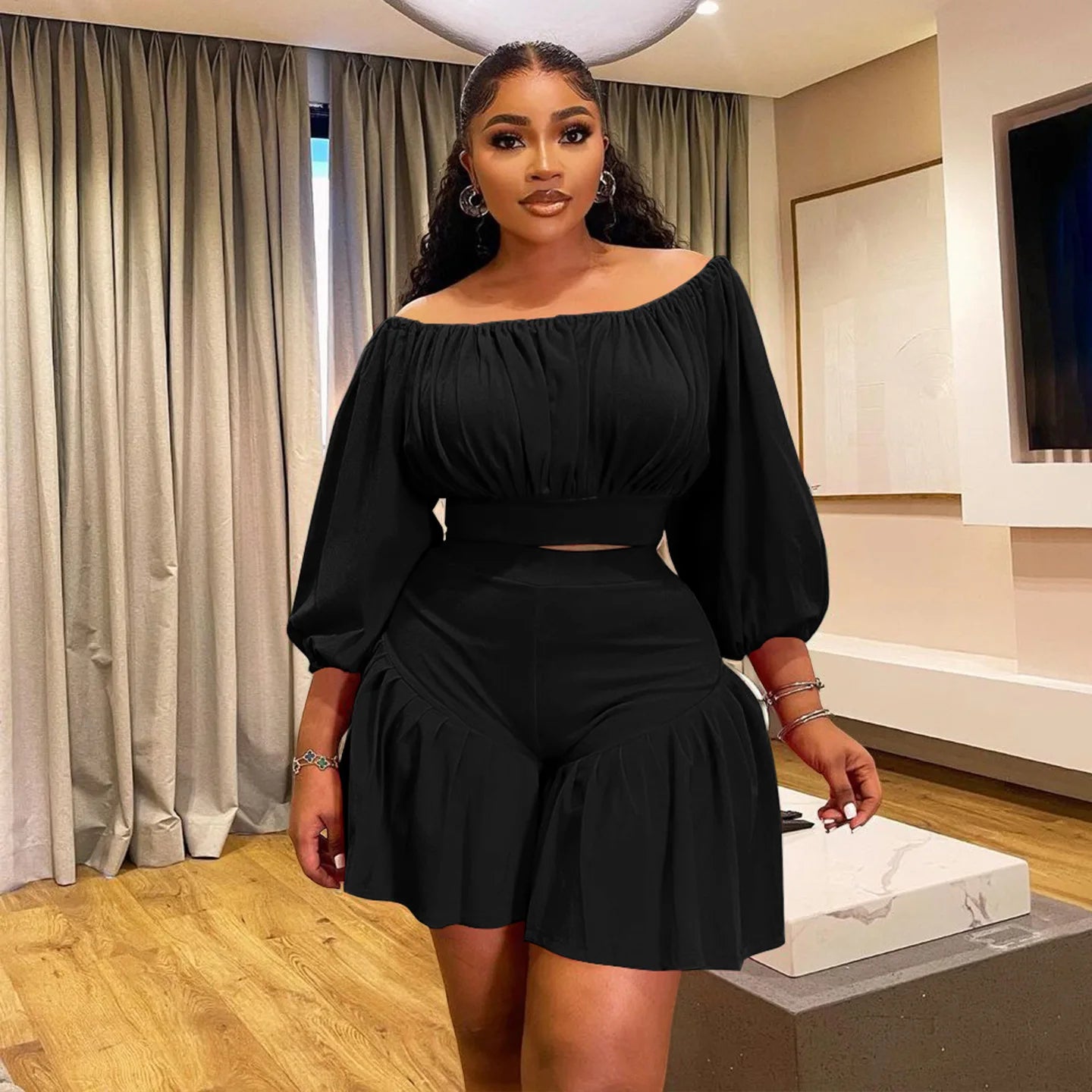 Plus Size Long Sleeve Slash Neck T-Shirt and Shorts Ruched 2 Piece Set